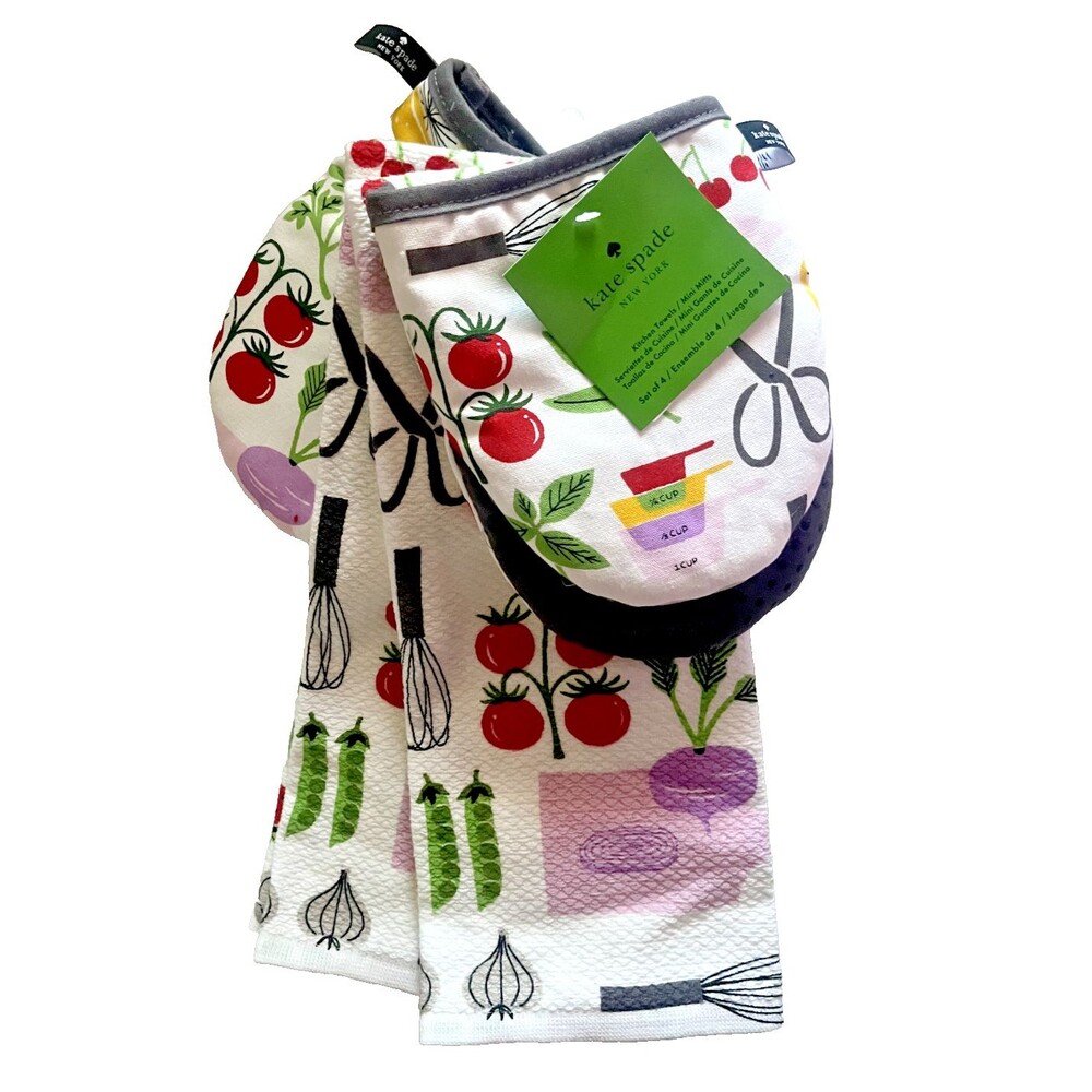 Kate Spade Kitchen Dish Towels Mini Oven Mitts Set of 4 Fruits Vegetables Chef